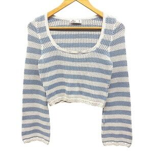 Hollister Crochet Sweater Women's M Blue White Stripe Crop Long Sleeve
